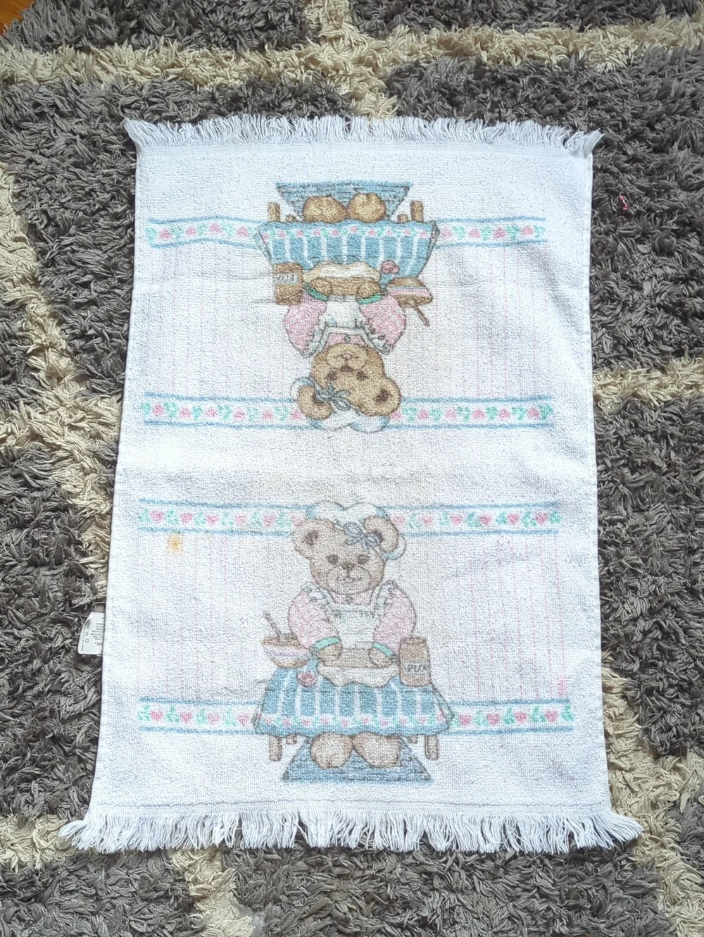 Cute Vintage Grannycore Teddy Bear Kitchen Towel Pink and Teal With Hearts